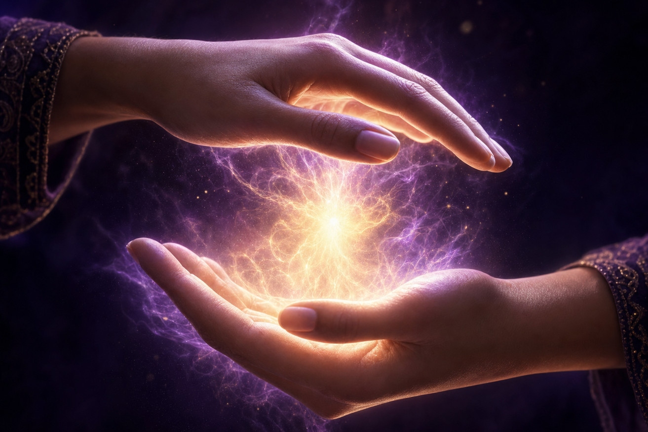 Glowing energy between hands — remote distance clearing